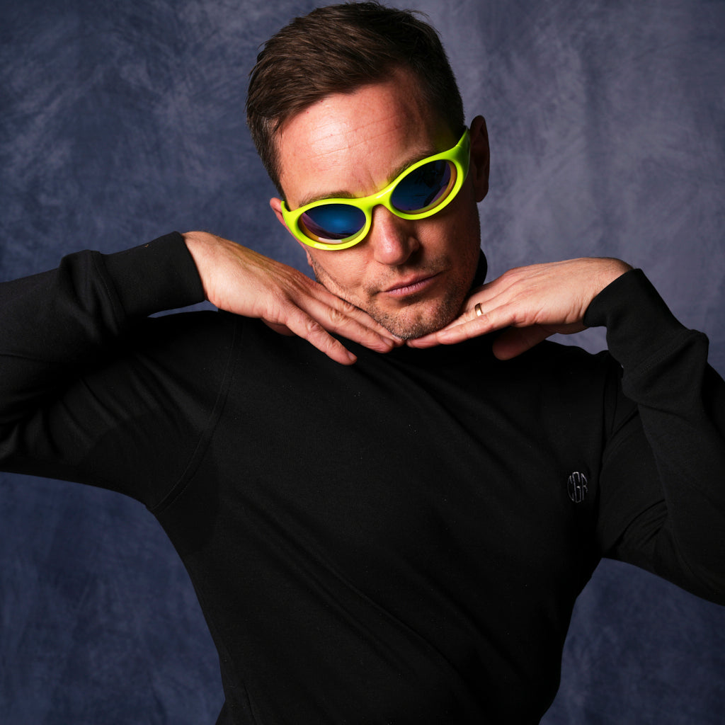 very important businessman wearing lime green retro 1999 oval sunglasses