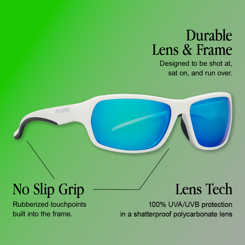 Infographic for Pit Viper Somox sunglasses showing a side/three-quarter view of a matte white sport wraparound frame with black rubberized temple grips, a blue mirrored lens, and an embossed 'PIT VIPER' logo on the temple, on a green gradient background, with 3 callouts: 'Durable Lens & Frame - Designed to be shot at, sat on, and run over.', 'No Slip Grip - Rubberized touchpoints built into the frame.', 'Lens Tech - 100% UVA/UVB protection in a shatterproof polycarbonate lens.'