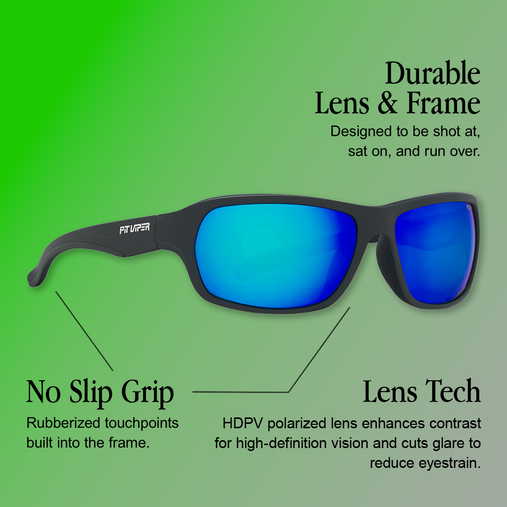 Infographic for Pit Viper Somox HDPV Polar sunglasses showing black rectangular wraparound-style sunglasses with blue mirrored lenses and 'PIT VIPER' logo on the temple arm, angled against a green gradient background, with 3 callouts: 'Durable Lens & Frame - Designed to be shot at, sat on, and run over.', 'No Slip Grip - Rubberized touchpoints built into the frame.', 'Lens Tech - HDPV polarized lens enhances contrast for high-definition vision and cuts glare to reduce eyestrain.'