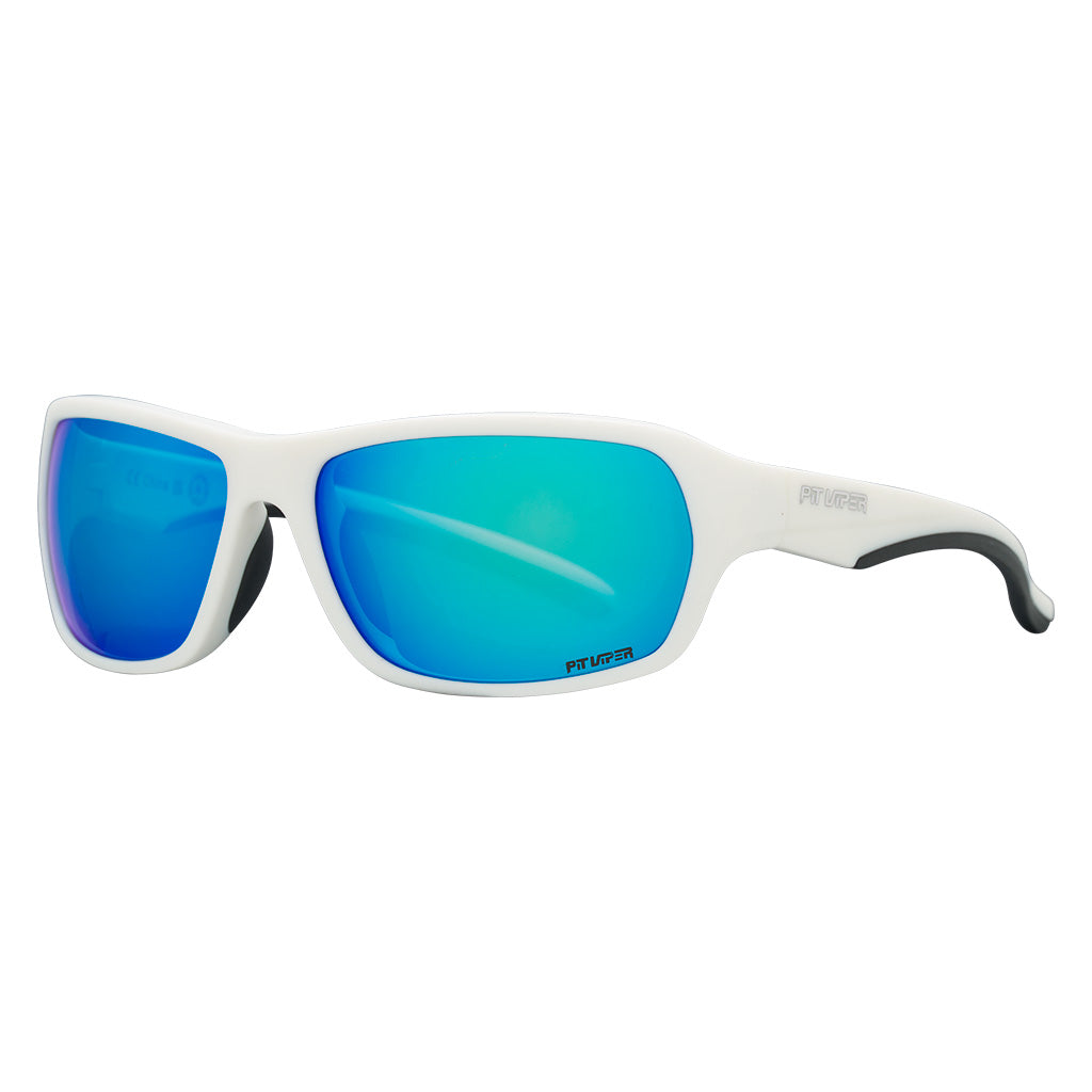 Angled view of The Miami Nights Somox with blue lens on white background