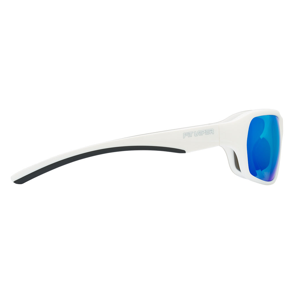 Angled view of The Miami Nights Somox with blue lens on white background