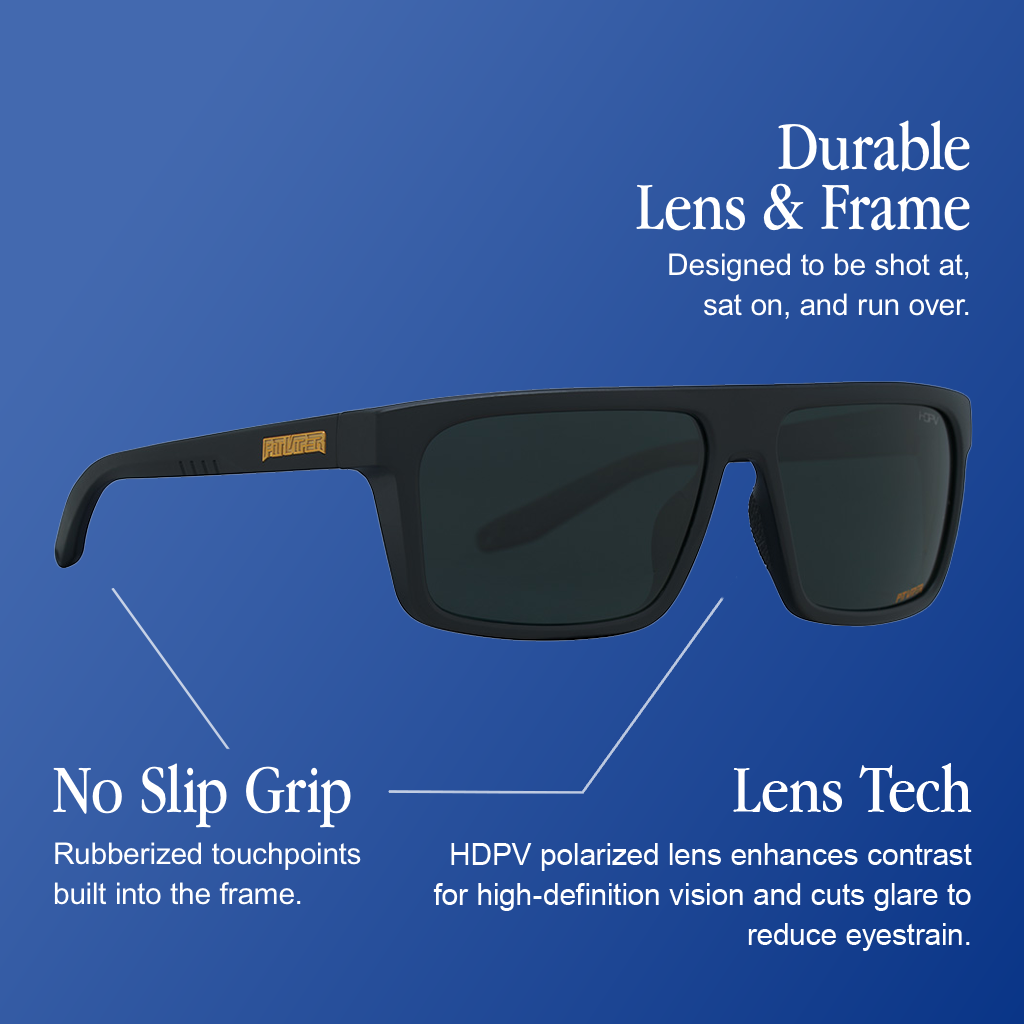 Infographic for Pit Viper Turboshafthdpv sunglasses showing an angled side view of an all-black square flat-top frame with dark green/black HDPV polarized lenses and a gold 'PIT VIPER' logo on the temple, set against a blue gradient background, with 3 callouts: 'Durable Lens & Frame - Designed to be shot at, sat on, and run over.', 'No Slip Grip - Rubberized touchpoints built into the frame.', 'Lens Tech - HDPV polarized lens enhances contrast for high-definition vision and cuts glare to reduce eyestrain.'